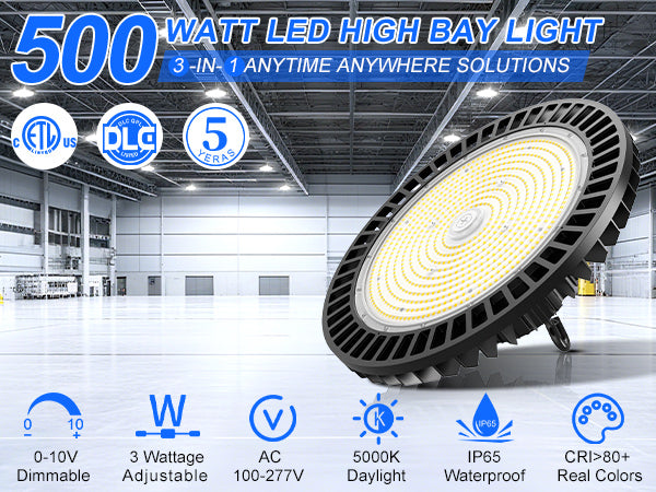 KUKUPPO 500W/400W/300W LED High Bay Light - ETL&DLC,75000LM,5000K,100-277V,With Microwave Expansion Port 90°
