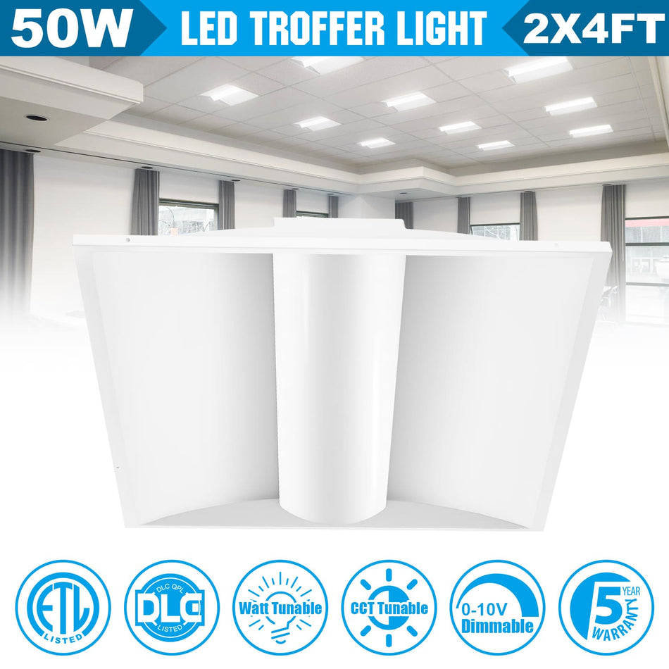 KUKUPPO 4PACK 2×4FT 50/40/35/30/25W LED Troffer Light - 6500LM, 3500/4000/5000/5700/6500K, 120-277V, 0-10V Dimmable