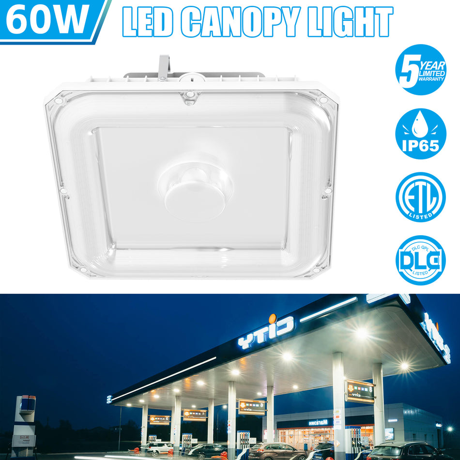 KUKUPPO 60W/48W/36W LED Canopy Light - ETL&DLC&CE,9000LM,4500K/5000K/5700K,100-277VAC,With Built-In Photocell