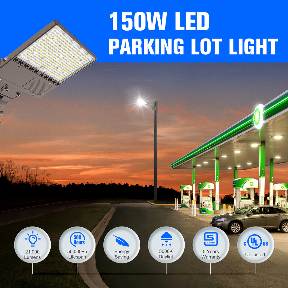 KUKUPPO 150W/120W/90W LED Parking Lot Light - UL&DLC&ETL,22500LM,5000K,AC277-480V,With Built-In Photocell,No Bracket