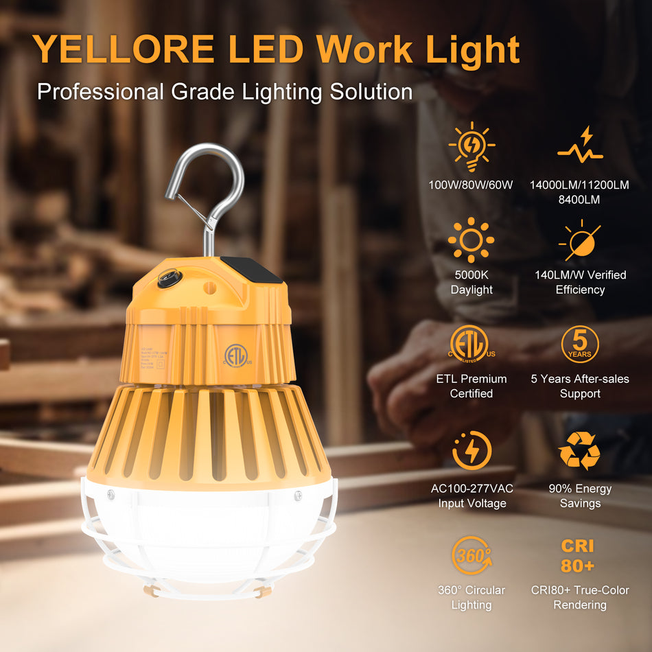 KUKUPPO 100W/80W/60W LED Temporary Work Light - ETL(NRTL Certified),15000LM,5000K,100-277VAC,US Plug