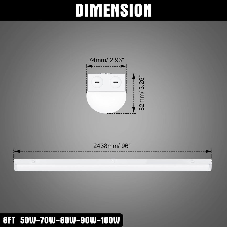 KUKUPPO 4PACK 8FT 100/90/80/70/50W LED Strip Light - 14000LM, 2700/3500/4000/5000/5700K, 120-277V, 0-10V Dimmable