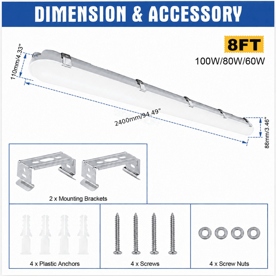 KUKUPPO 4PACK 8FT 100/80/60W LED Vapor Light - 15000LM, 3000/4000/5000K, 100-277V, 0-10V Dimmable