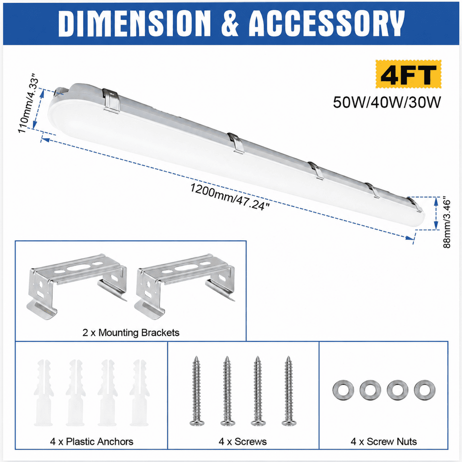 KUKUPPO 6PACK 4FT 50/40/30W LED Vapor Light - 7500LM, 3000/4000/5000K, 100-277V, 0-10V Dimmable