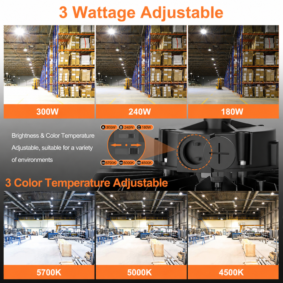 KUKUPPO 300/240/180W LED High Bay Light - 45000LM, 100-277V, 4500/5000/5700K, 90°, With Microwave Expansion Port