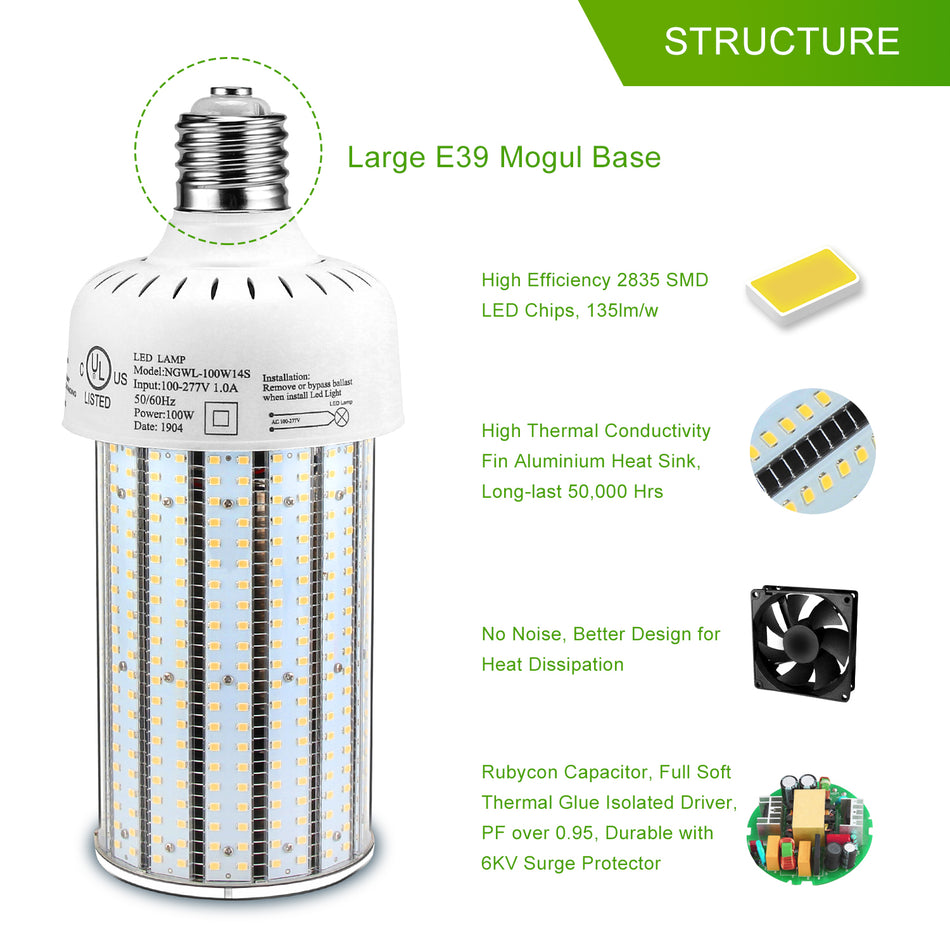 KUKUPPO 100W New LED Corn Light - UL,15000LM,100-277V,5000K,E39,PC Cover