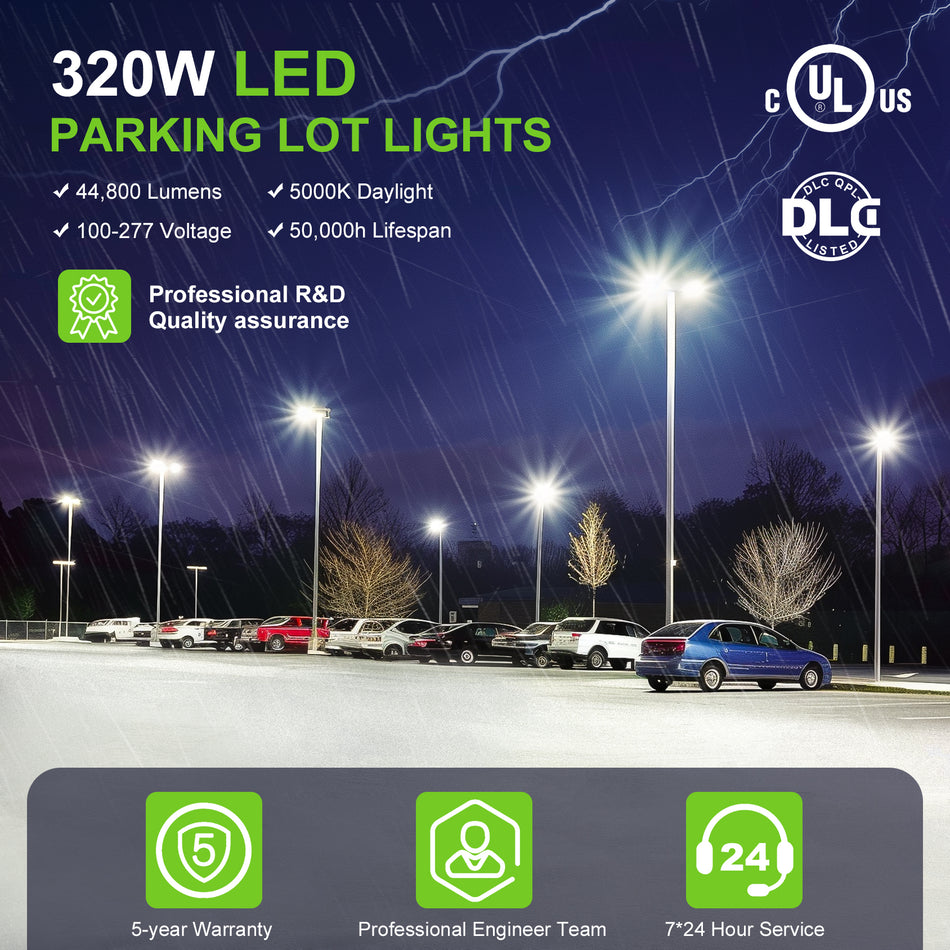 KUKUPPO 320W/240W/200W LED Parking Lot Light - 48000LM, 100–277V, 5000K, With Built-In Photocell