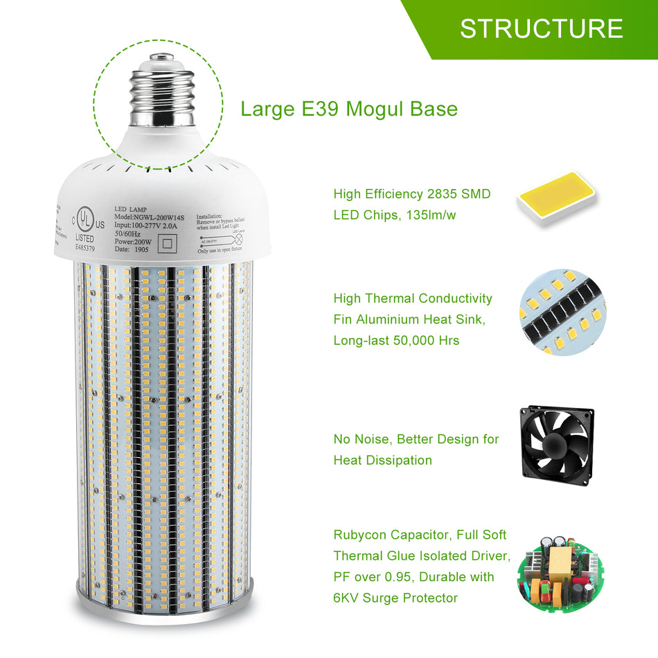 KUKUPPO 300W New LED Corn Light - ETL&UL&CE,42000LM,5000K,100-277VAC,E39,PC Cover