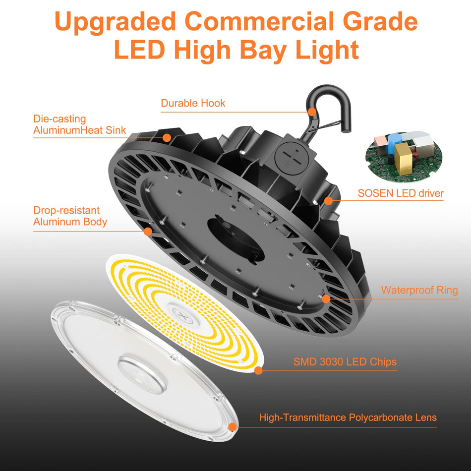 KUKUPPO 150-500W LED High Bay Light - Selectable Wattage & CCT Series, 100-277V, With Microwave Expansion Port