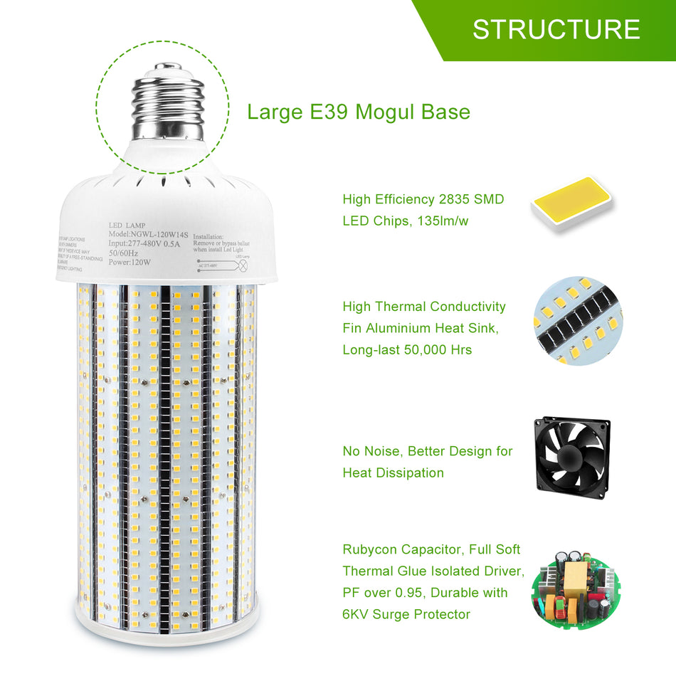 KUKUPPO 100W New LED Corn Light - ETL&CE,15000LM,5000K,277-480VAC,E39,PC Cover