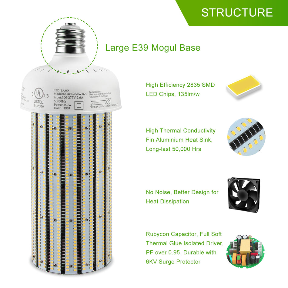 KUKUPPO 250W New LED Corn Light - UL,37500LM,5000K,100-277VAC,E39,PC Cover