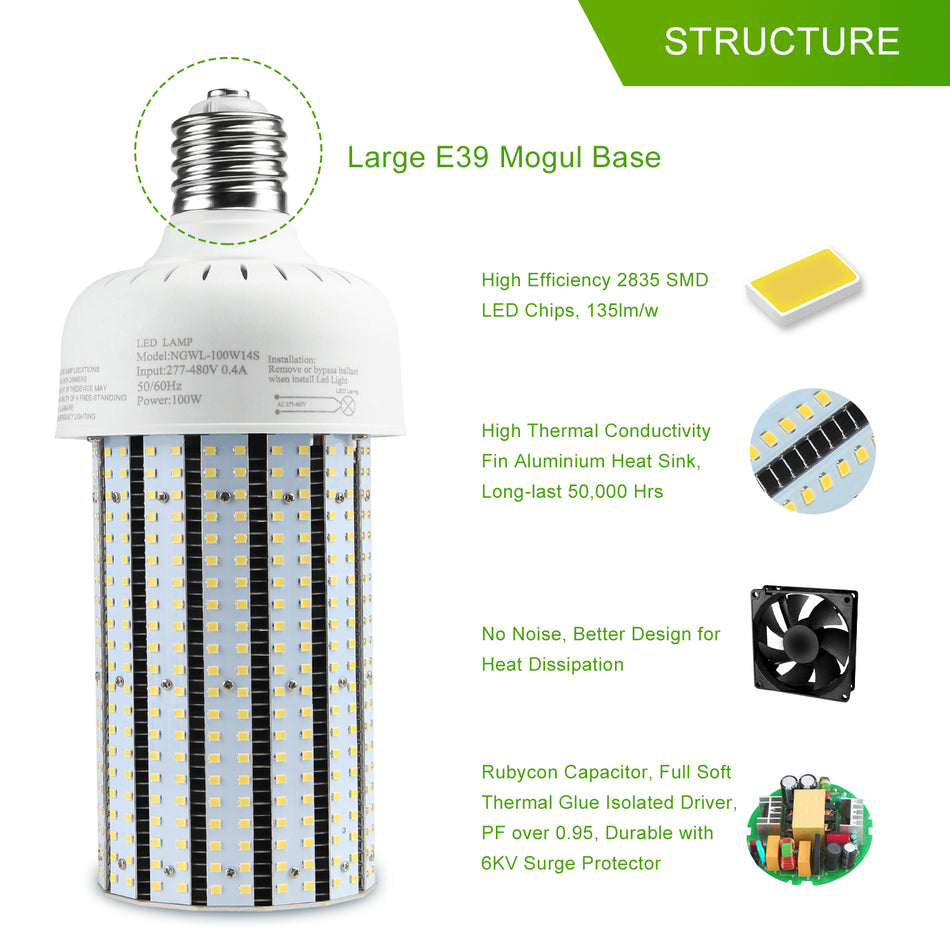 KUKUPPO 80W New LED Corn Light - UL,12000LM,5000K,100-277VAC,E39,PC Cover