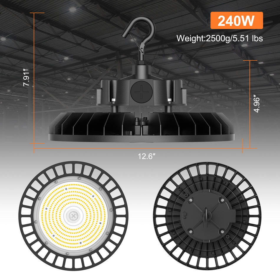 KUKUPPO 240W LED High Bay Light - ETL&DLC,36000LM,5000K,100-277VAC,IP65,Dimmable,US Plug,120°