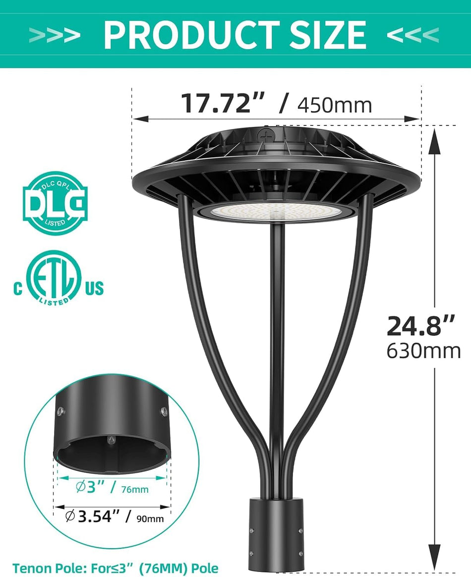KUKUPPO 80W/64W/48W LED Post Top Light - ETL&DLC,12000LM,5000K,100-277VAC,With Built-In Photocell