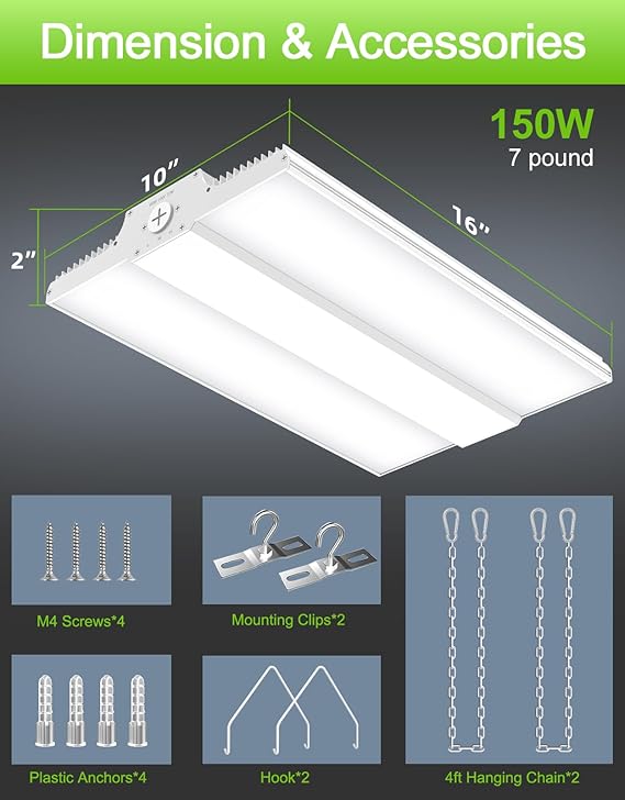 KUKUPPO 150W LED Linear High Bay Shop Light - UL&DLC,22500LM,5000K,100-277VAC,0-10V Dimmable