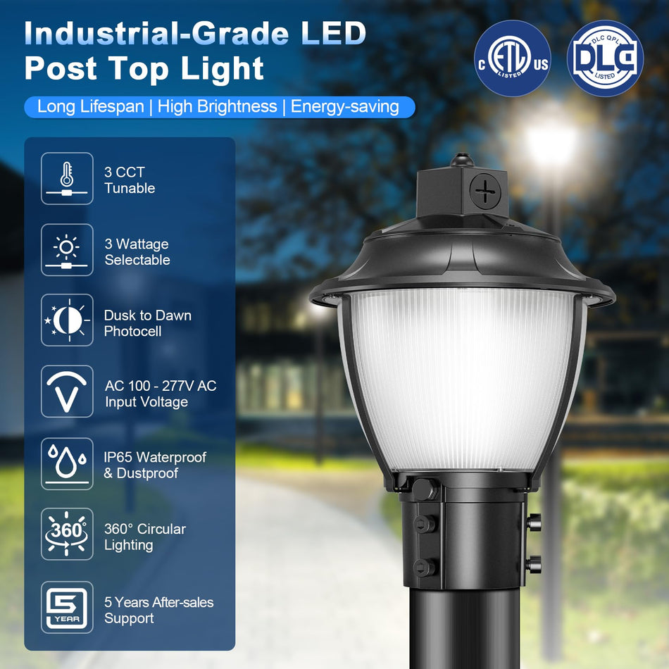 KUKUPPO 60W-100W LED Post Top Light - Selectable Warrage & CCT Series, 100-277V, With Built-In Photocell