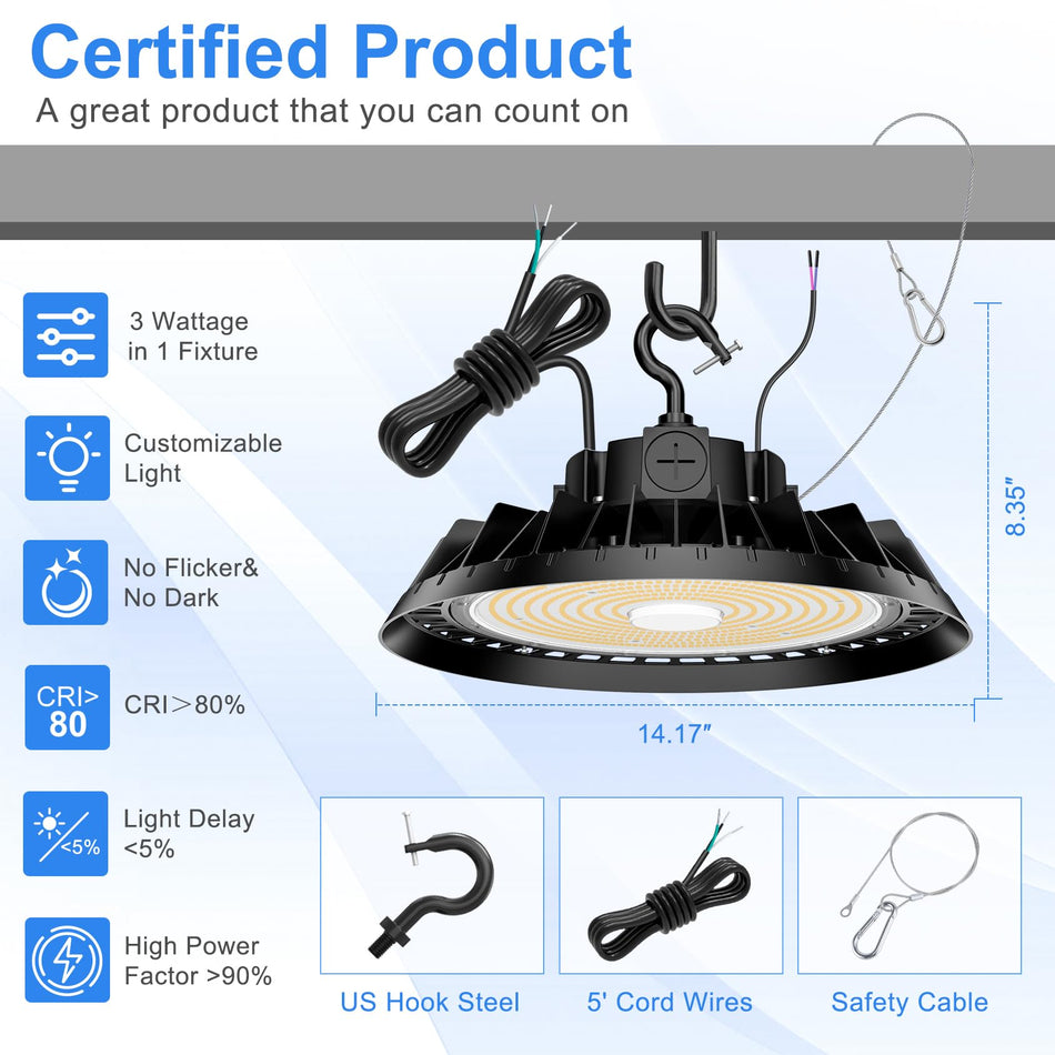 KUKUPPO 300W/240W/180W LED High Bay Light - ETL&DLC,45000LM,4500/5000/5700K,100-277VAC,IP65,US Plug,120°