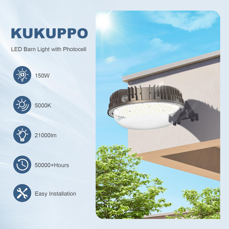 KUKUPPO 150W LED Barn Light - ETL/UL/CE,21000LM,5000K,100-277VAC,With Photocell,IP65