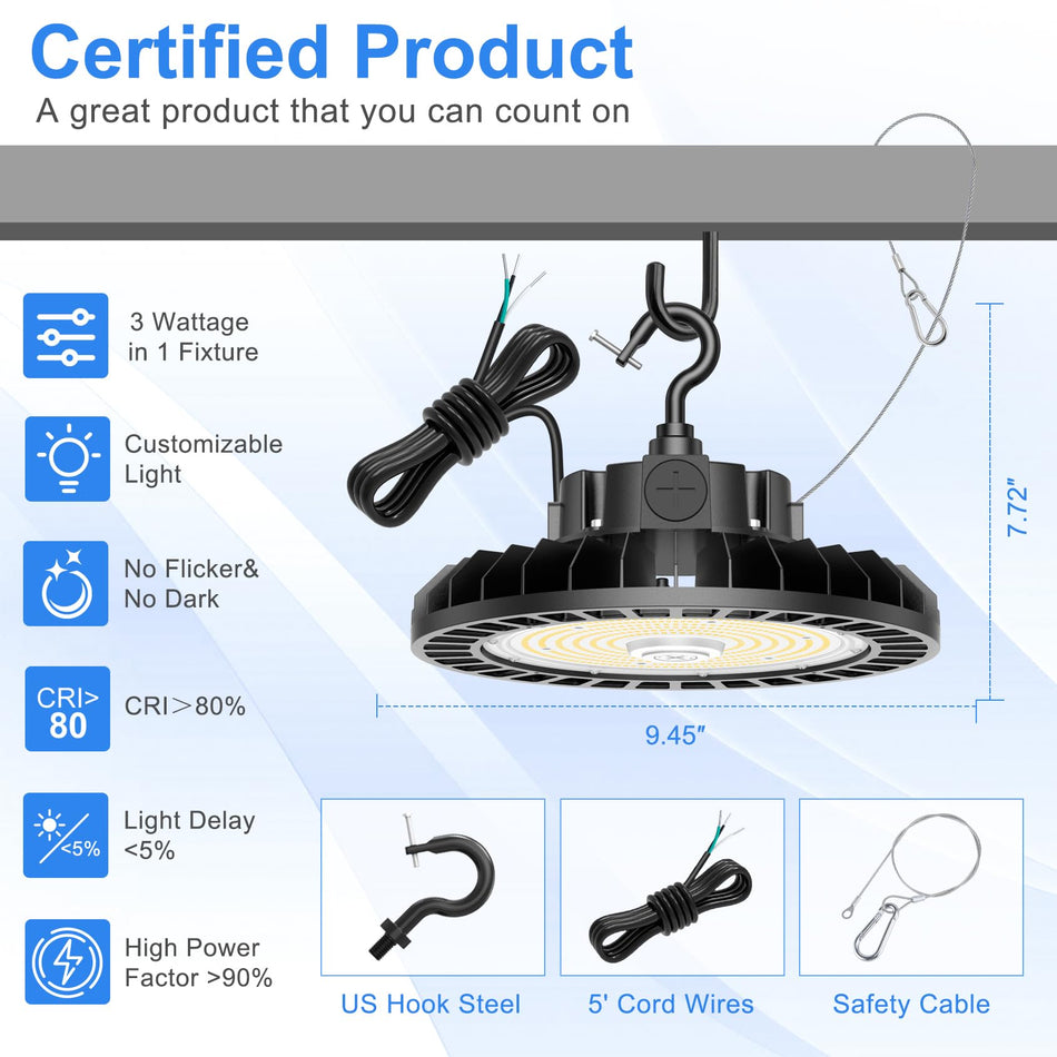 KUKUPPO 150/120/90W LED High Bay Light -  22500lm, 277-480V, 5000K, 120°, With Microwave Expansion Port