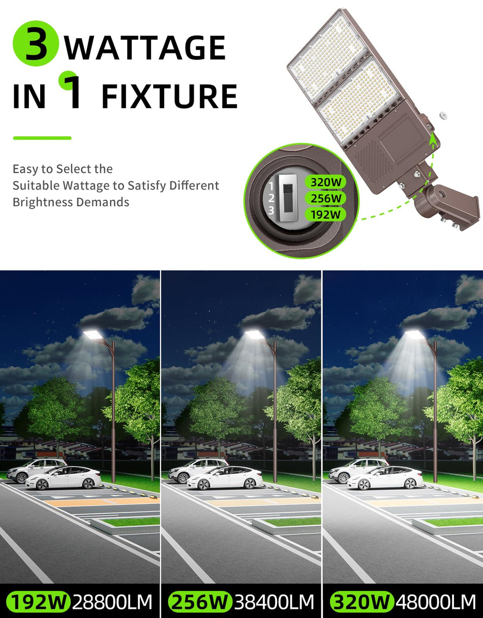 KUKUPPO 320W/256W/192W LED Parking Lot Light - 48000LM, 100–277V, 5000K, Slip Fitter