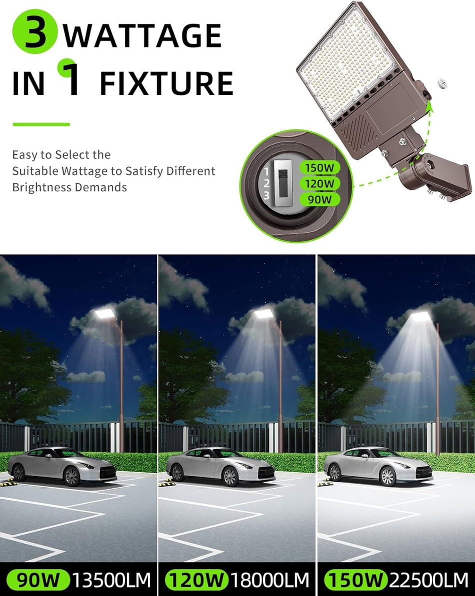 KUKUPPO 150W/120W/90W LED Parking Lot Light - ETL&DLC&UL,22500LM,5000K,100-277VAC,With Built-In Photocell ,Slip Fitter