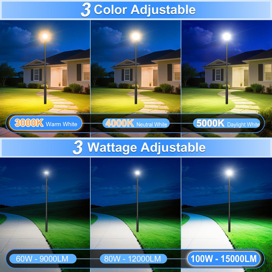 KUKUPPO 100W/80W/60W LED Post Top Light - ETL&DLC,15000LM,3000K/4000K/5000K,100-277VAC,IP65,With Photocell
