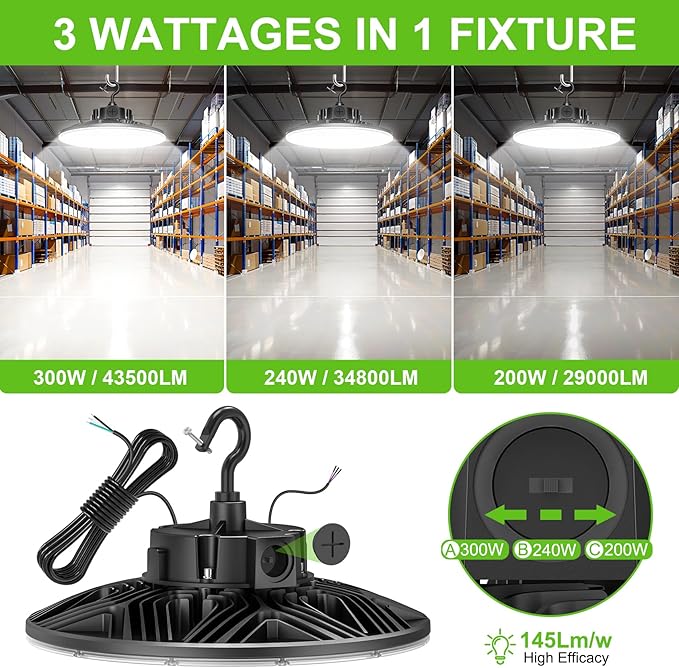 KUKUPPO 300W/240W/180W LED High Bay Light - UL&ETL&DLC,45000LM,5000K,277-480VAC,Dimmable