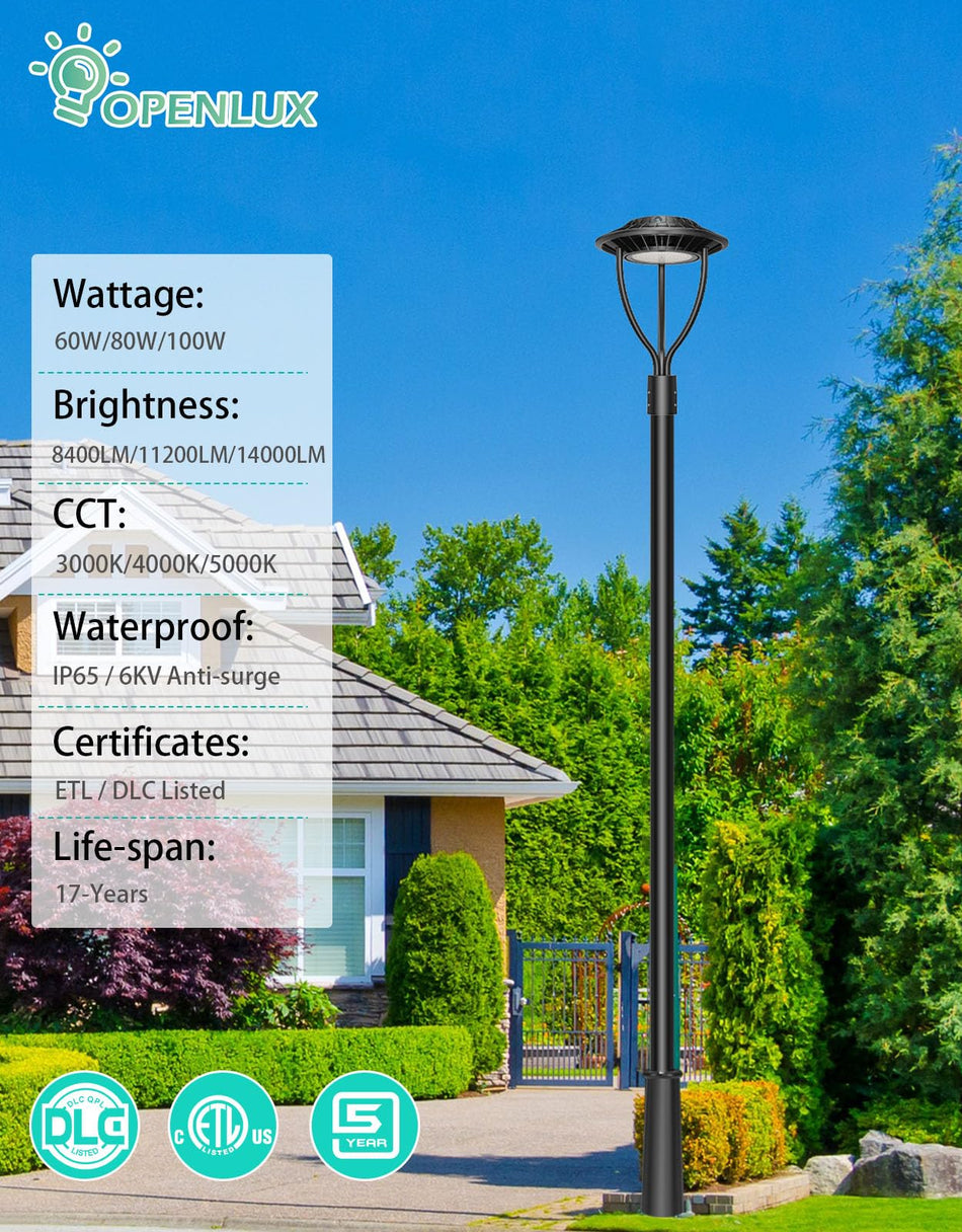 KUKUPPO 100W/80W/60W LED Post Top Light - ETL&DLC&CE,15000LM,3000K/4000K/5000K,100-277VAC,IP65,With Built-In Photocell