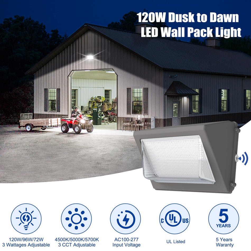 KUKUPPO 120W/100W/80W LED Wall Pack Light - ETL/DLC/UL,18000LM,4500K/5000K/5700K,100-277VAC,IP65,With Photocell,Glass Lens