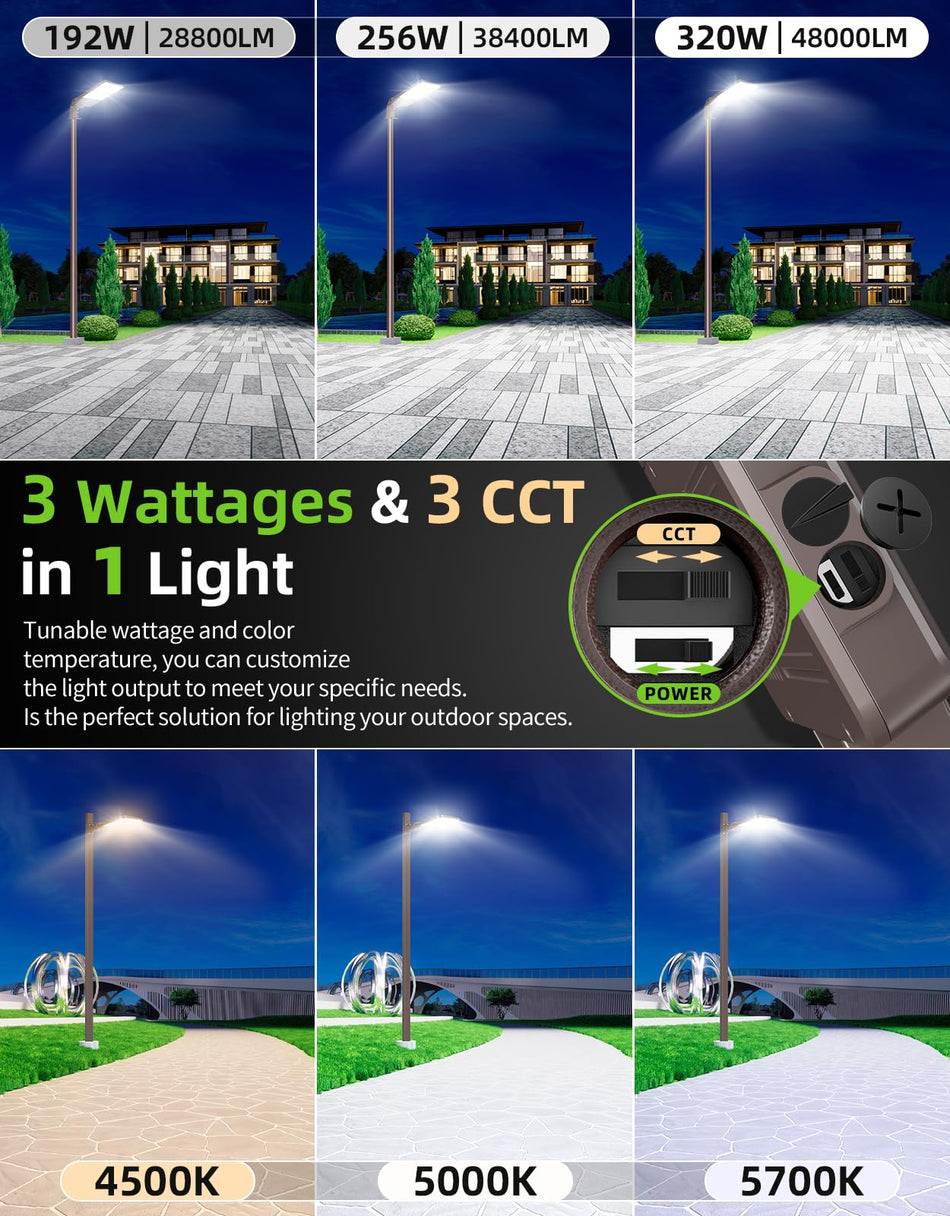 KUKUPPO 320W/256W/192W LED Parking Lot Light - UL&DLC,48000LM,4500K/5000K/5700K,AC100-277V,With Built-In Photocell,A&N Bracket
