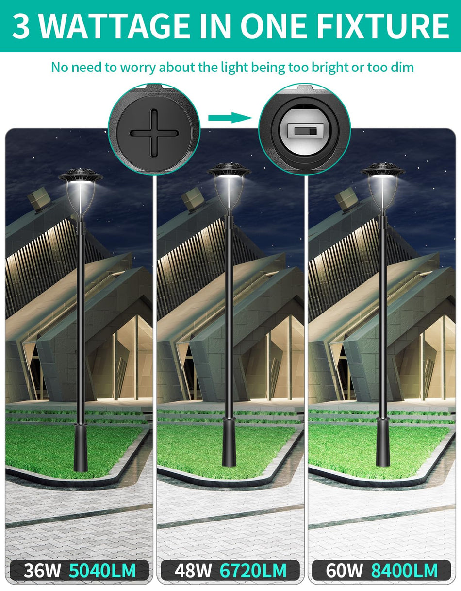 KUKUPPO 60W/48W/36W LED Post Top Light - ETL&DLC&CE,9000LM,5000K,100-277VAC,IP65,With Built-In Photocell