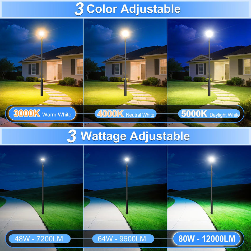 KUKUPPO 80W/60W/48W LED Post Top Light - ETL&DLC,12000LM,3000K/4000K/5000K,100-277VAC,IP65,With Photocell