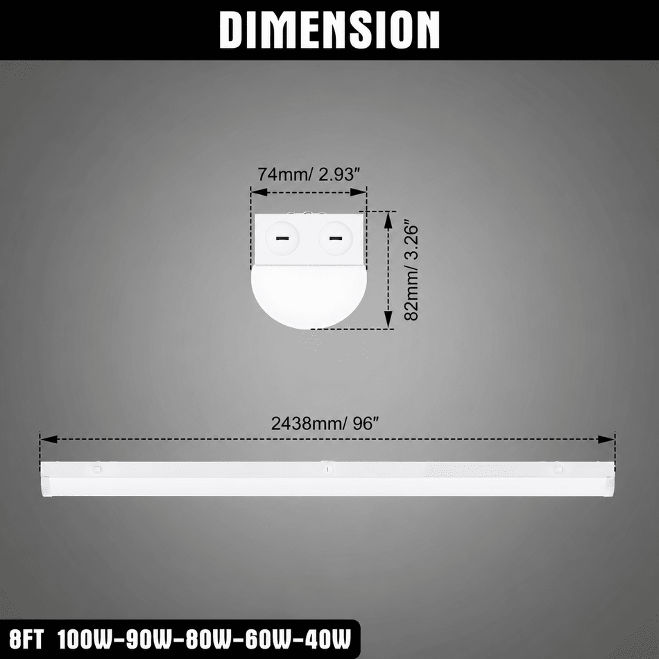 KUKUPPO 4PACK 8FT 100/90/80/60/40W LED Strip Light - 14000LM, 3500/4000/5000/5700/6500K, 120-277V, 0-10V Dimmable
