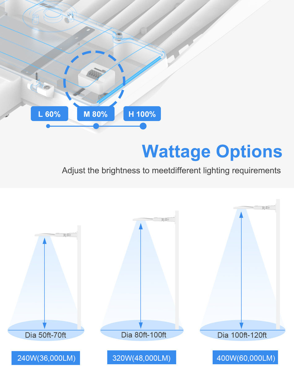 KUKUPPO 400W/320W/240W LED Shoebox Light - UL&DLC,60000LM,5000K,100-277V,With Photocell,A&N Bracket