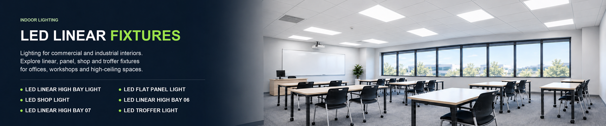 LED Linear Fixtures classroom with aligned recessed panel lights and continuous ceiling grid