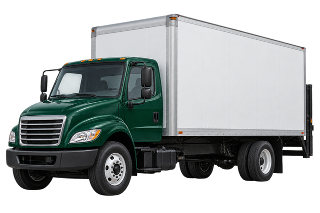 Illustrative freight delivery truck with a green cab and white cargo box